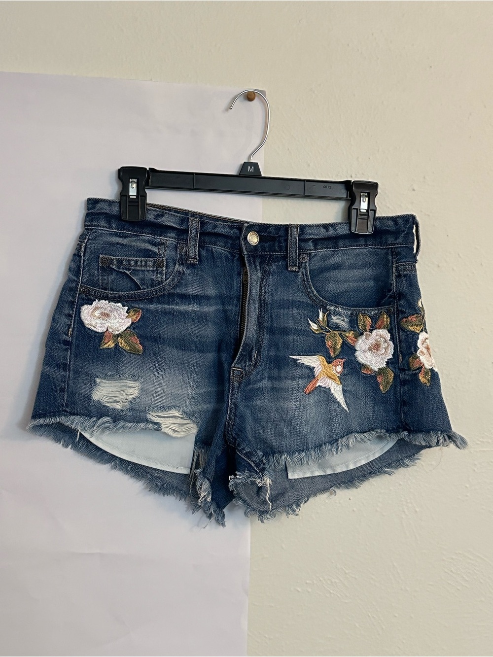 American Eagle Embroidered Dark Wash Denim Shorts - Floral and Bird Accent